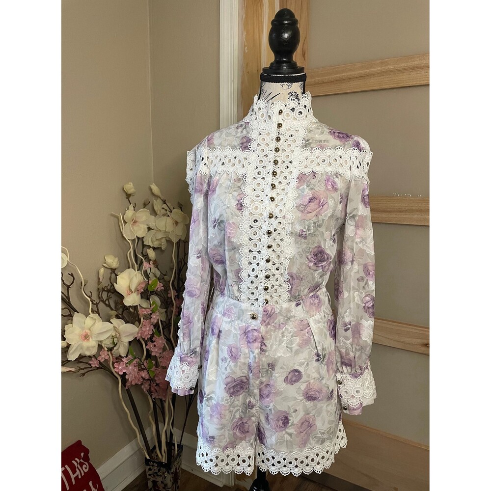 Muy Muy Lace Embroidered Romper Sheer White Purple High Neck Sz Small